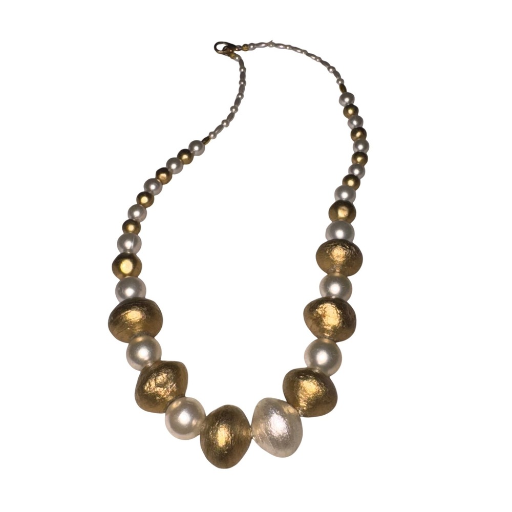 Gold White Chunky Statement‎ Faux Pearl Beaded Necklace Metallic Textured OS